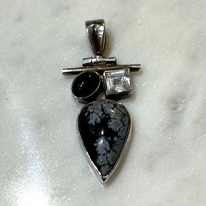 Vintage Sajen Sterling Silver obsidian & Snowflake Obsidian Modern Art Pendant